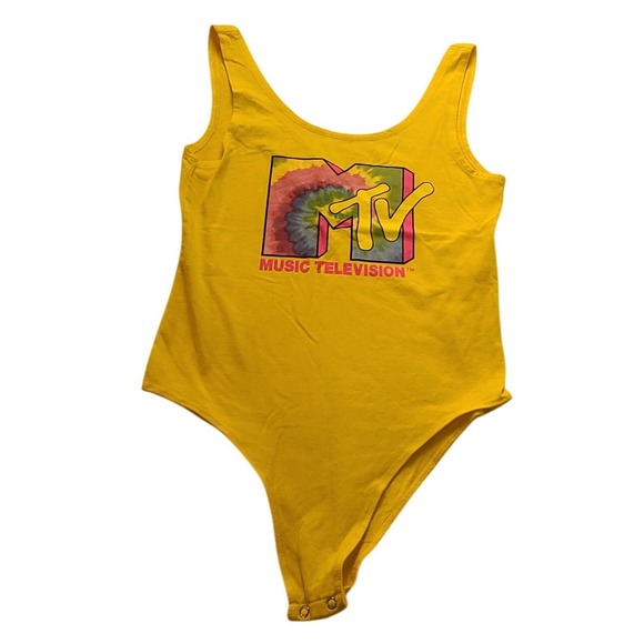 MTV Tops - MTV Music Television Yellow Bodysuit Tie Dye Logo Sleeveless Scoop Neck Retro